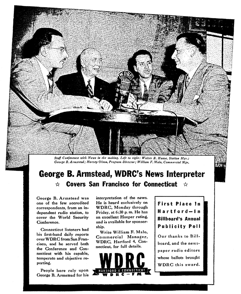 Radio Daily - August 6, 1945, p.3 - ad for WDRC's news interpreter, George B. Armstead
