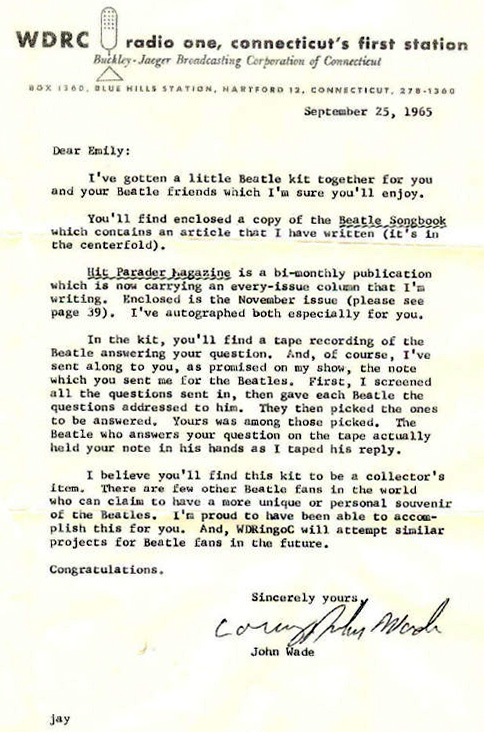 1965 letter written by WDRC's Long John Wade to a Beatles fan
