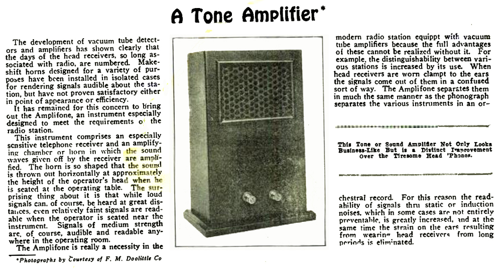 Doolittle Amplifone ad in the December 1920 issue of Radio News, p.367