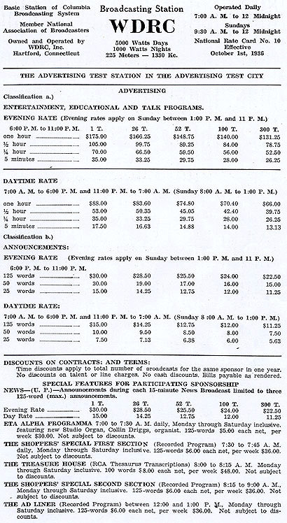 1936 WDRC advertising rate card
