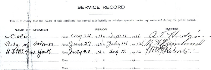 Franklin M. Doolittle's shipboard radio service record