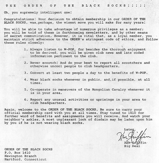 Order of the Black Socks membership letter