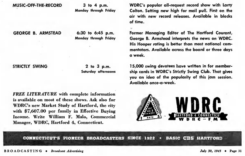 WDRC ad in Broadcasting magazine - July 30, 1945, p.31