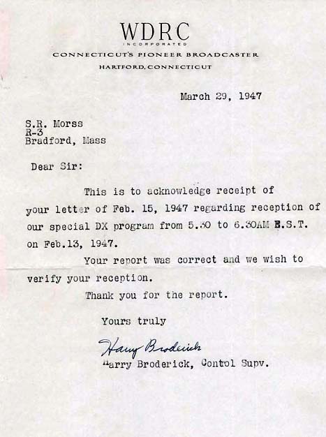 1947 WDRC QSL letter