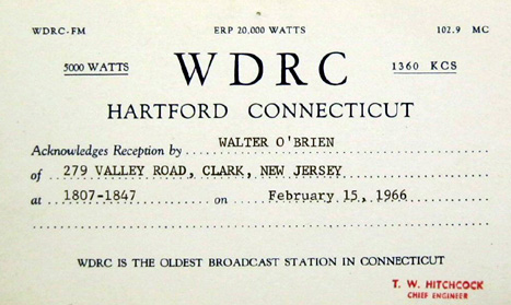 1966 WDRC QSL card