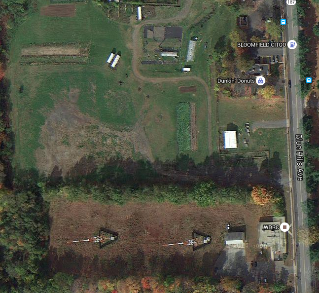 2012 Google photo showing WDRC transmitter site & former Blue Hills Drive-In Theatre