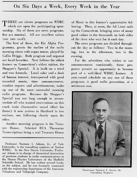 article on WDRC consulting engineer Professor Norman I. Adams, Jr., circa 1936