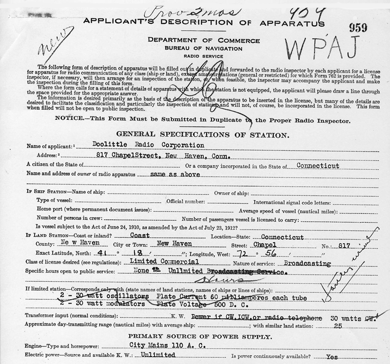 portion of WPAJ's first federal license courtesy of WDRCOBG.COM
