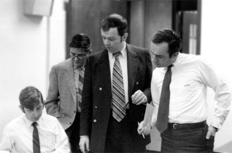 (l-r:) WDRC office manager Phil Steben, program director Charlie Parker, sales manager Dick Robinson, general manager Dick Korsen in 1970