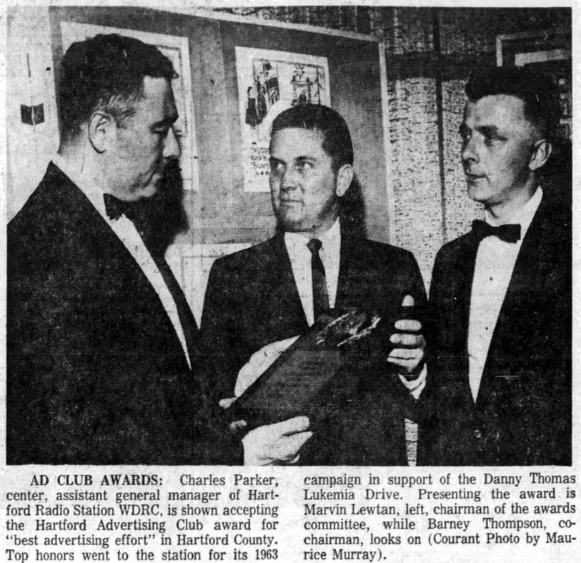 WDRC's Charlie Parker receives Ad Club Award for Danny Thomas Teenage March campaign - Hartford Courant, May 12, 1964