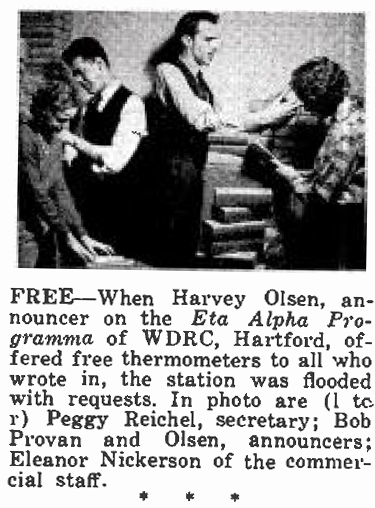 Broadcasting magazine, January 15, 1938, p.82 - secretary Peggy Reichel sorts mail along with WDRC announcers Harvey Olson, Bob Provan and Eleanor Nickerson