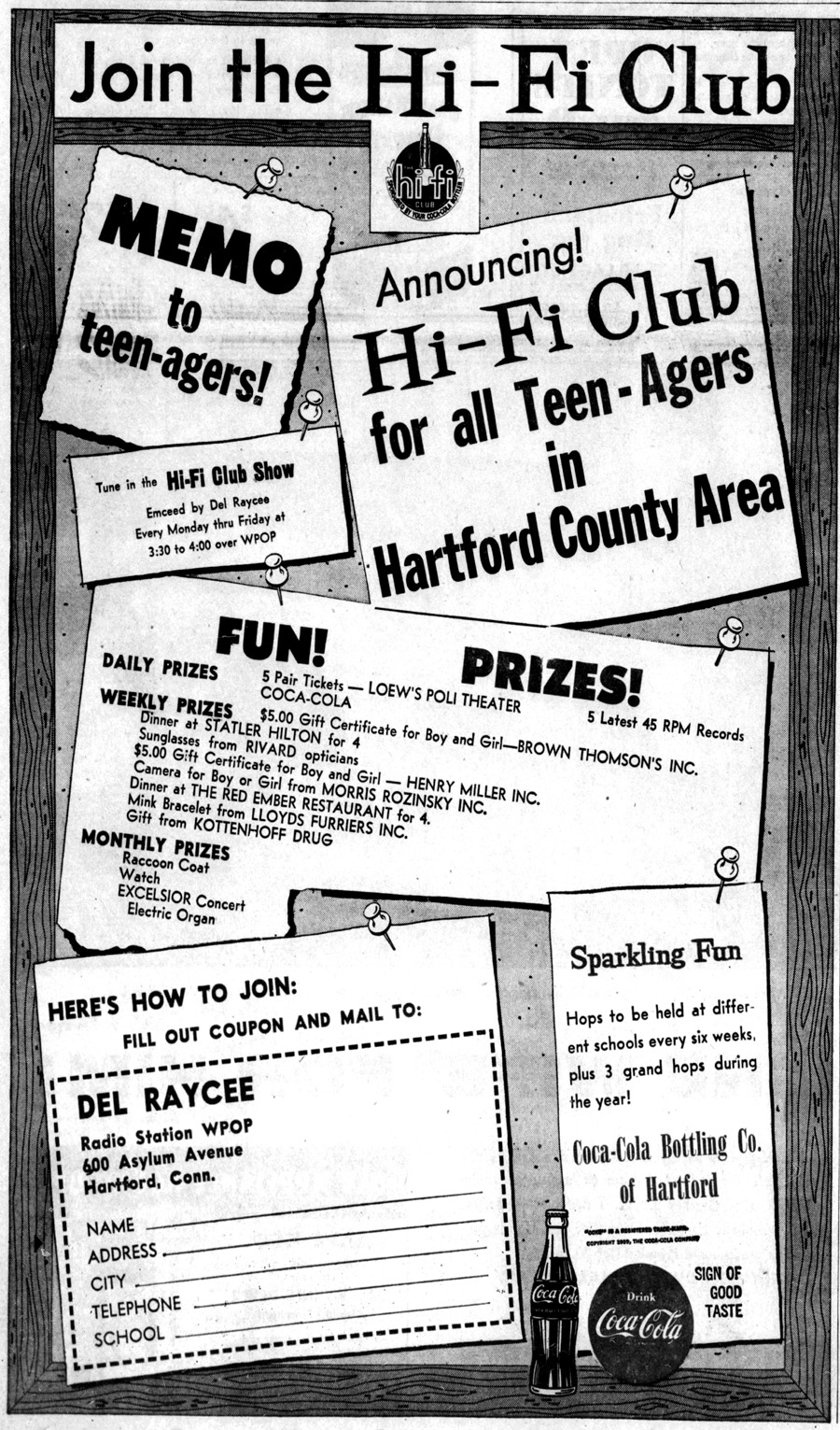 Hartford Courant ad for WPOP's Hi-Fi Cliub - October 6, 1959