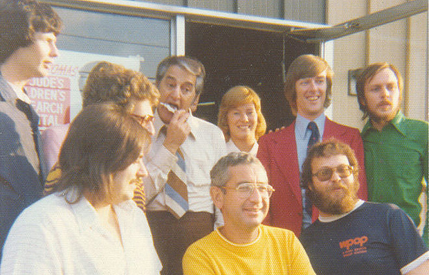 Danny Thomas joins WPOP staff outside the Cedar Street studios in Newington, circa 1974.